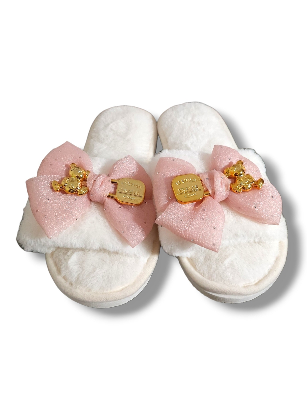 White Fluffy Slide Slippers Pink Glitter Bow Gold Teddy Bear Charm Women's